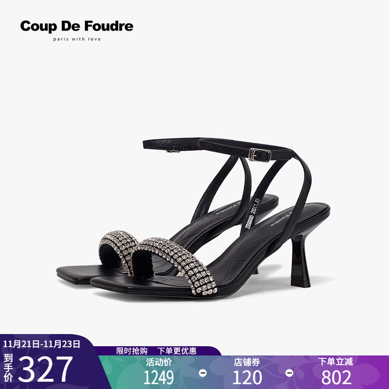 CDF水钻露趾一字带细跟后空凉鞋
