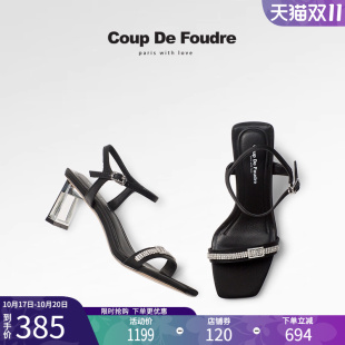 水钻简约方头露趾高跟鞋 CDF女鞋 气质优雅一字带凉鞋 新款 2025夏季