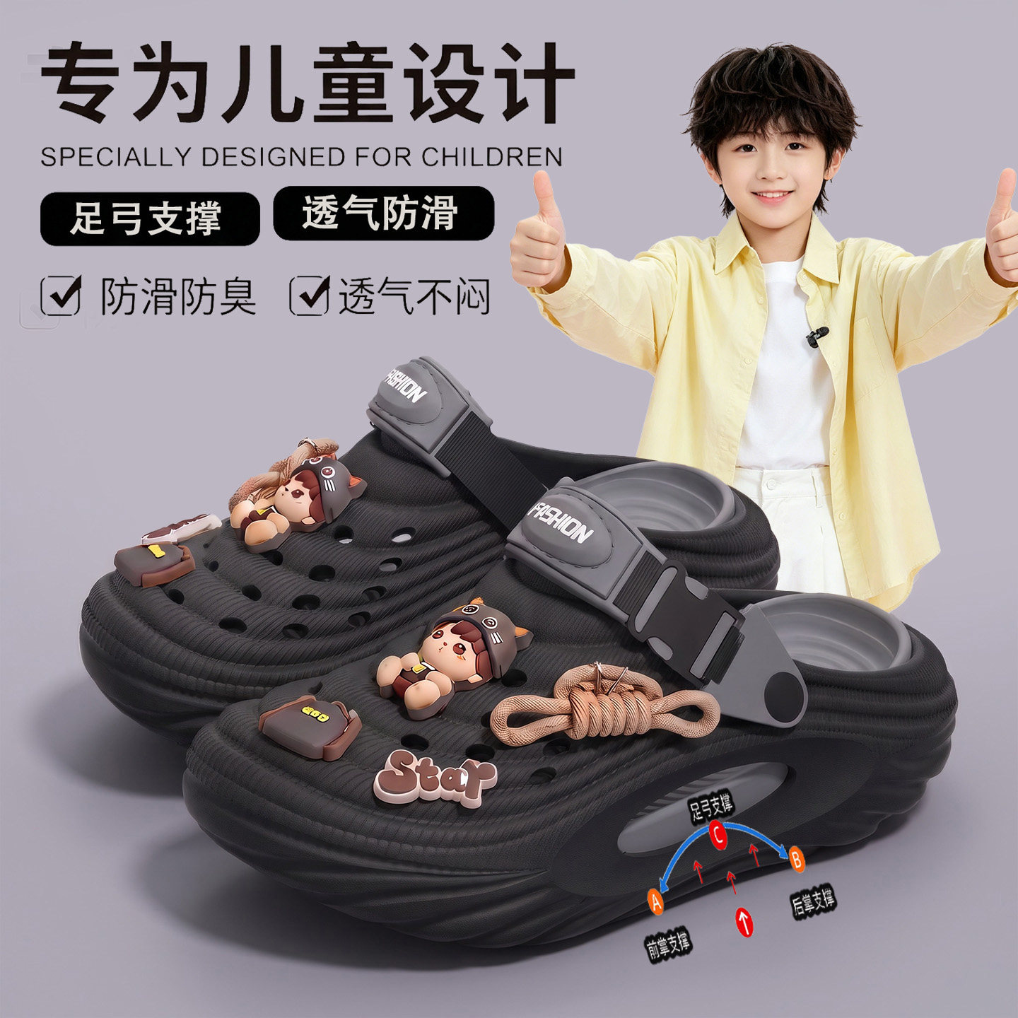 男童夏季防滑防臭足弓洞洞鞋图片