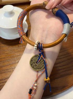 金刚藤手镯搭配藏式手编流苏纯铜山鬼花钱币手镯民族风木质复古镯