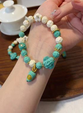 新款原创精品菱镁矿松石多宝搭配驼骨无相 文玩手串手链