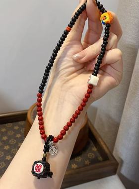 椰蒂朱砂双圈手链喜主阿呆黑檀无相发牌根付醒狮多宝文玩手串
