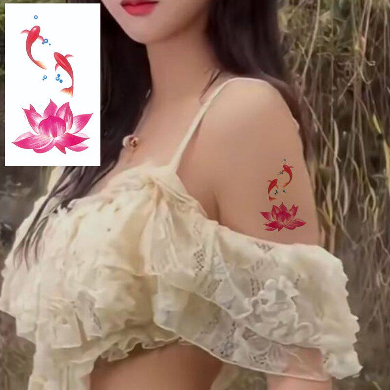 荷花招财好运锦鲤纹身贴ins防水防汗持久手臂脚踝手腕学生高颜值