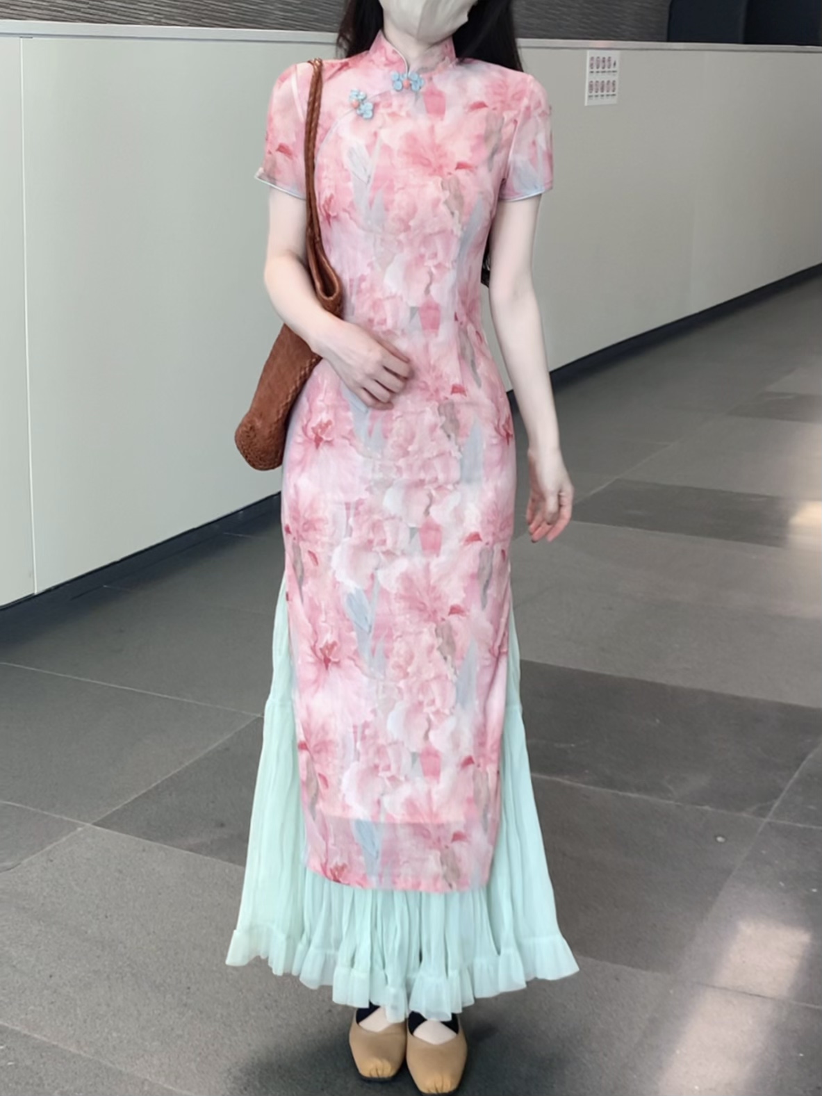 她来了复古馆复古风印花短袖港风日常款修身显白气质旗袍连衣裙