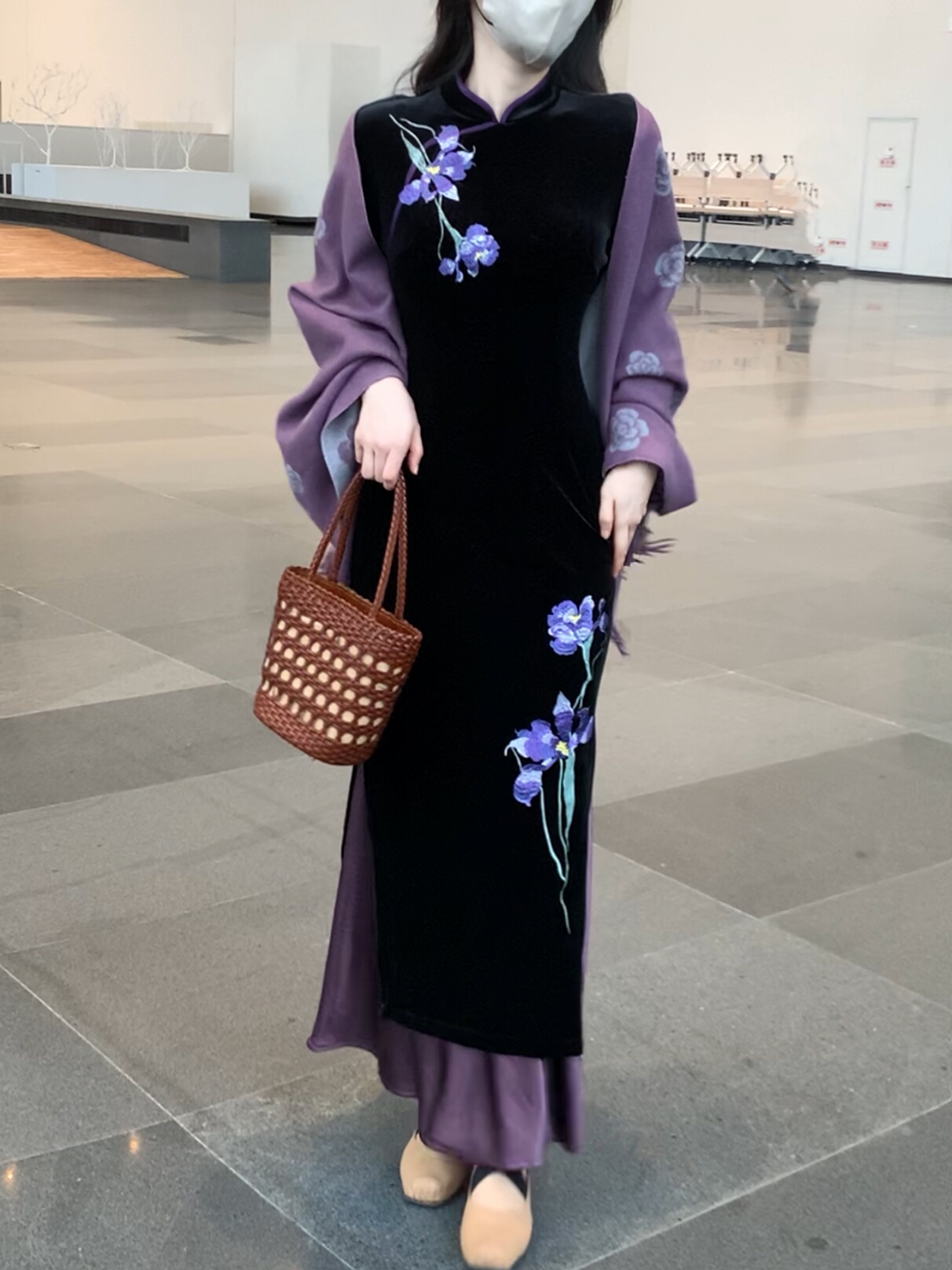 紫色刺绣复古黑色显瘦修身女旗袍