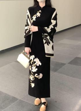 库存清仓  售完无补 她来了复古馆结婚订婚新中式黑色百合花旗袍