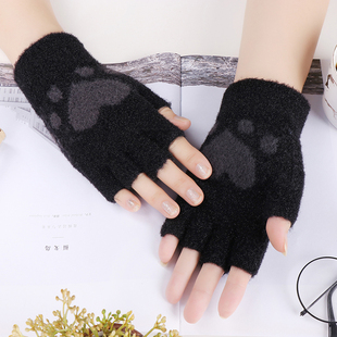 半指保暖手套女秋冬季加绒加厚防寒学生写字成人办公开骑车露五指