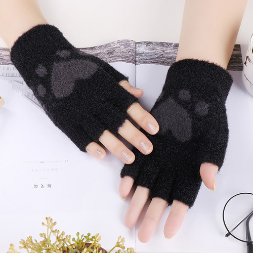 女毛呢纱半指朋友保暖手套
