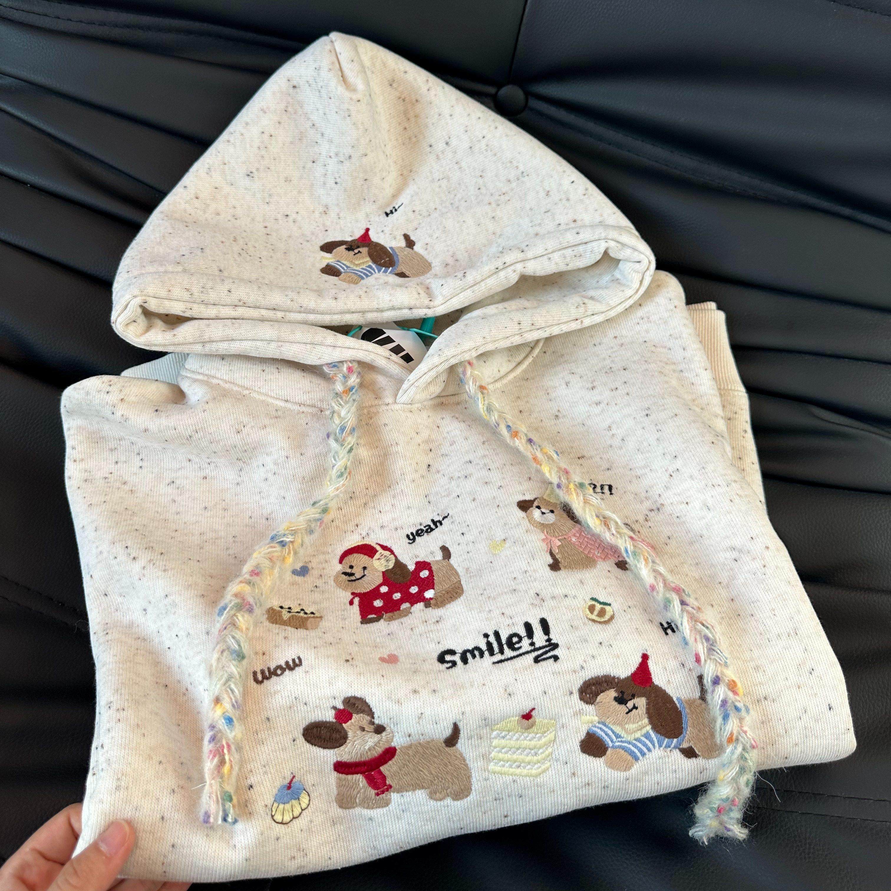 韩系冬季加绒重磅可爱彩点卡通重工刺绣连帽卫衣女减龄慵懒风卫衣