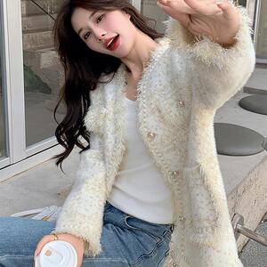 减龄漂亮洋气外套女款小香风正肩水貂绒白色法式早秋上衣富家千金