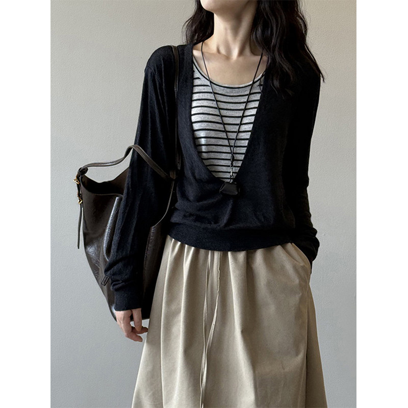 小个子ins穿搭套装女款v领针织衫条纹背心两件套松弛感穿搭一整套