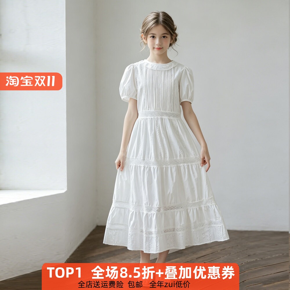 白色纯棉短袖连衣裙女童夏季长裙