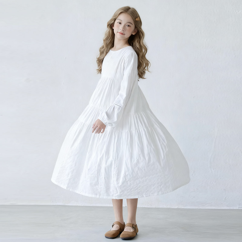 法式白色纯棉长袖裙女童新款连衣裙春秋绝美公主裙中大童长裙女装