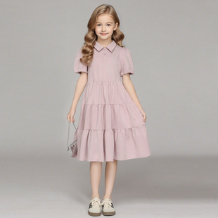 纯棉polo衫女童夏薄款裙子大童初中生2025新款儿童连衣裙宽松粉色