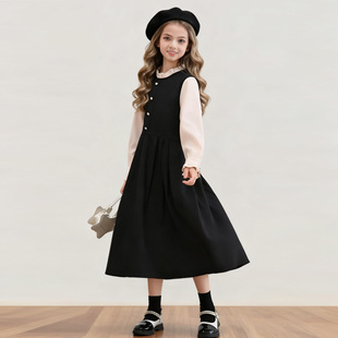 黑色拼接假两件女童连衣裙秋冬季加绒花边领公主裙洋气口袋长裙子