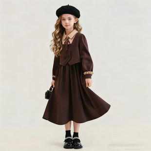 咖啡色学院女孩冬装裙子洋气韩版加绒中大女童连衣裙高级感公主裙