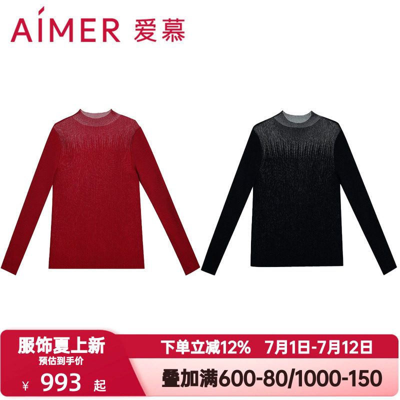 爱慕秋冬轻盈针织保暖内衣女红色羊毛透视小高领长袖上衣AM72A222