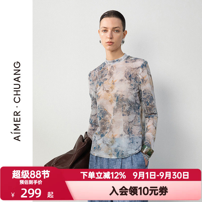 爱慕·CHUANG春夏季空气女士轻薄印花打底小高领长袖上衣CA721682