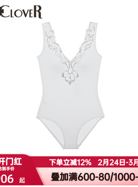 LACLOVER兰卡文夏季海岛漫游系列刺绣花边V领性感连体泳衣LC68XP1