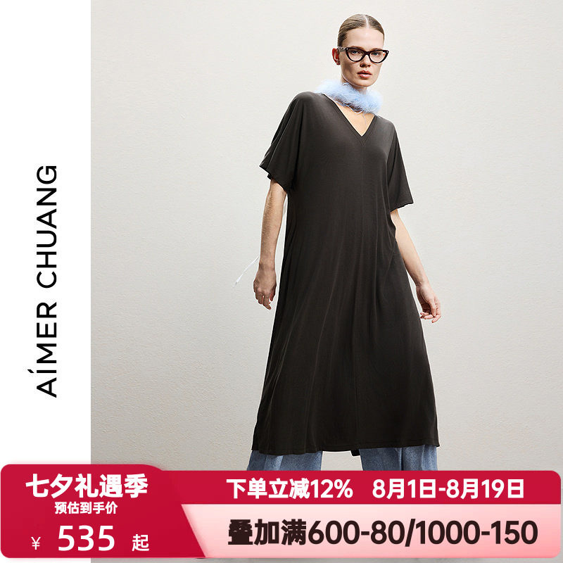 爱慕CHUANG春夏季女士空气冰奶皮圆领短袖两面穿连衣裙CA442261