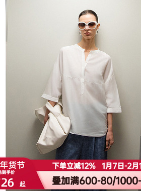 爱慕·CHUANG沐夏女士含桑蚕丝七分袖阔版圆领衬衫上衣CA811811