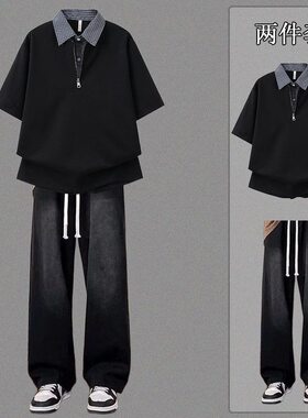 美式高街格子POLO衫牛仔裤套装男