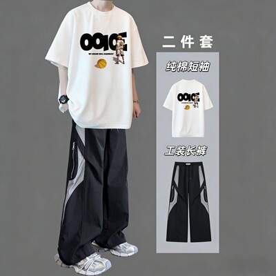 美式高街短袖T恤长裤运动套装男