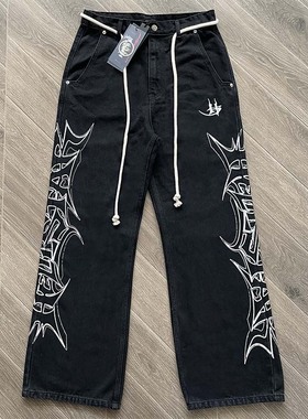 HELLSTAR STUDIOS 侧边印花图案抽绳重工洗水复古高街牛仔裤