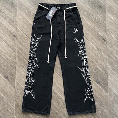 HELLSTAR STUDIOS 侧边印花图案抽绳重工洗水复古高街牛仔裤