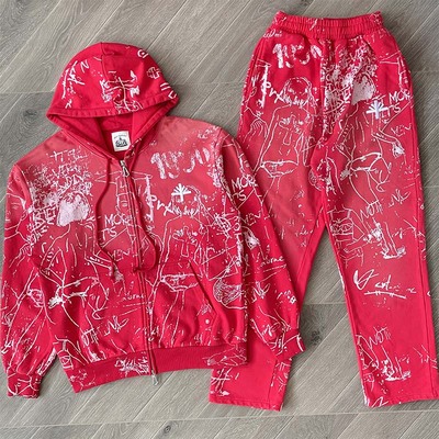 Vertabrae 街头风洗水刺绣直筒抽绳休闲长裤卫衣套装