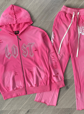 Lost intricacy  Hoodies镶钻洗水破洞休闲拉链连帽卫衣长裤套装