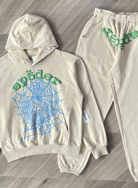 Sp5der 555555 Hoodies 经典蜘蛛网印花男女休闲连帽卫衣长裤套装