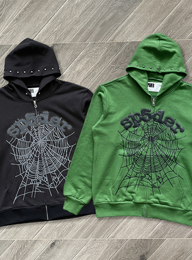 Sp5der 555555  Zip Up Hoodie 经典蜘蛛网印花拉链纯棉连帽卫衣
