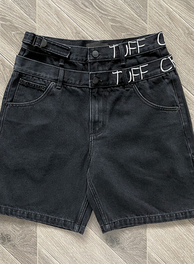 TUFF CROWD 美式高街小众设计刺绣黑色休闲牛仔短裤