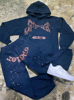 Young Thug 明星同款 Sp5der 555555 Hoodie补丁拼接长裤卫衣套装