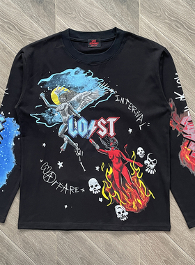 Lost intricacy 洗水复古风天使与魔鬼印花纯棉长袖T恤