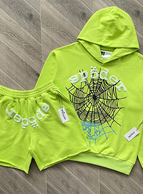Sp5der 555555 Hoodies 经典蜘蛛网印花男女休闲连帽卫衣短裤套装