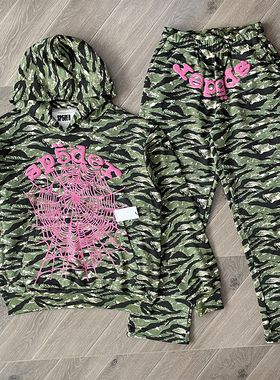 Sp5der 555555 复古迷彩粉色蜘蛛网印花休闲连帽卫衣长裤套装