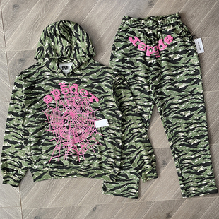 套装 复古迷彩粉色蜘蛛网印花休闲连帽卫衣长裤 555555 Sp5der