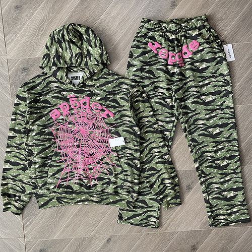 Sp5der 555555 复古迷彩粉色蜘蛛网印花休闲连帽卫衣长裤套装