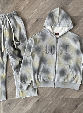 LOST INTRICACY GREY FADED JOGGING 镶钻洗水拉链卫衣长裤