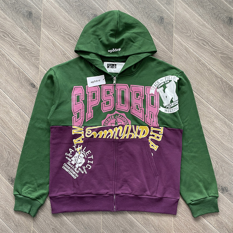 Sp5der 555555 Hoodies 拉链开衫男女款拼接连帽卫衣