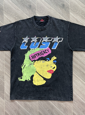 Lost intricacy 洗水复古风印花彩色烫钻纯棉短袖T恤