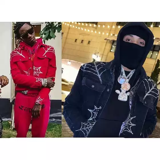 Young Thug Celebrity Style Sp5Der 555555 Denim Jacket Rhinestone Denim Jacket in 3 Colors