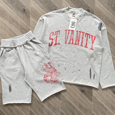 SAINT VANITY 复古时尚印花休闲纯棉圆领卫衣短裤套装