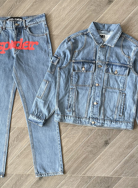Sp5ider 555555 denim jean jacket 印花牛仔长裤外套套装
