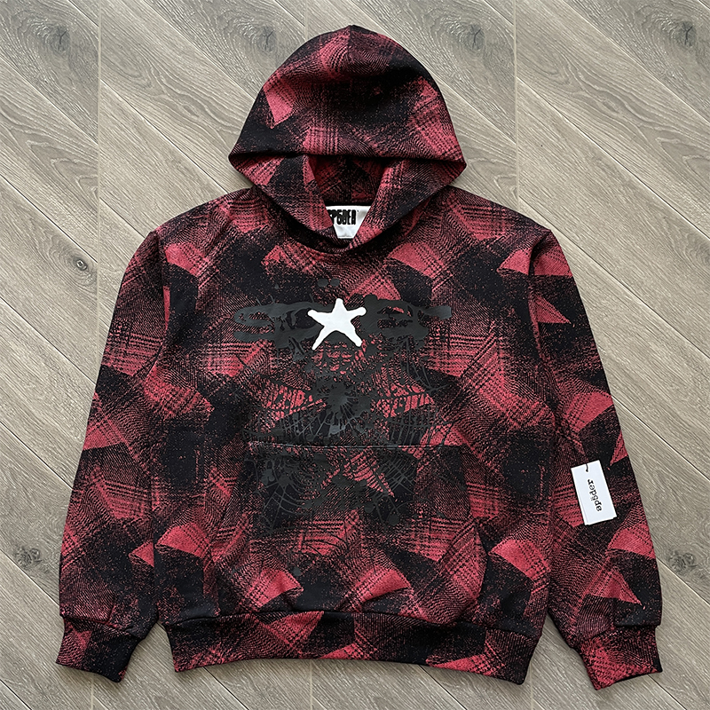 Sp5der worldwide 555555 复古红黑格子蜘蛛网连帽卫衣