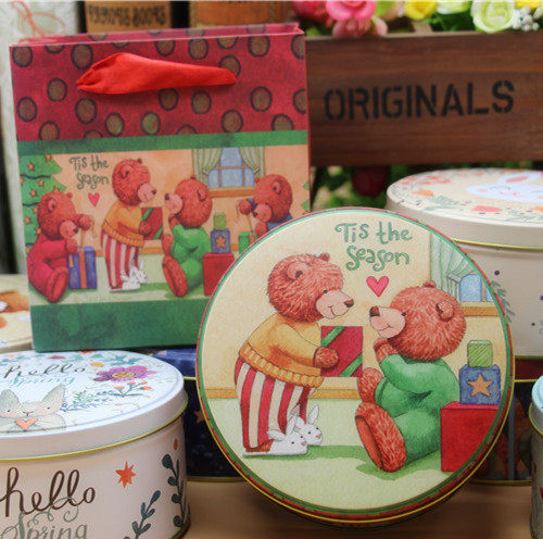 10个包邮圣诞小熊系列小中号手工曲奇圆形铁盒饼干包装盒礼品盒