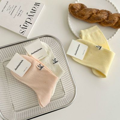 suxinaimin白色袜子女可爱少女蝴蝶结中筒袜镂空堆堆袜花边泡泡口