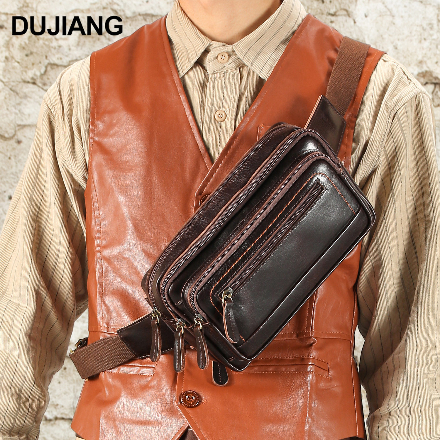 欧美通勤跨境真皮腰包油蜡皮多功能胸包斜挎包复古大容量多口袋